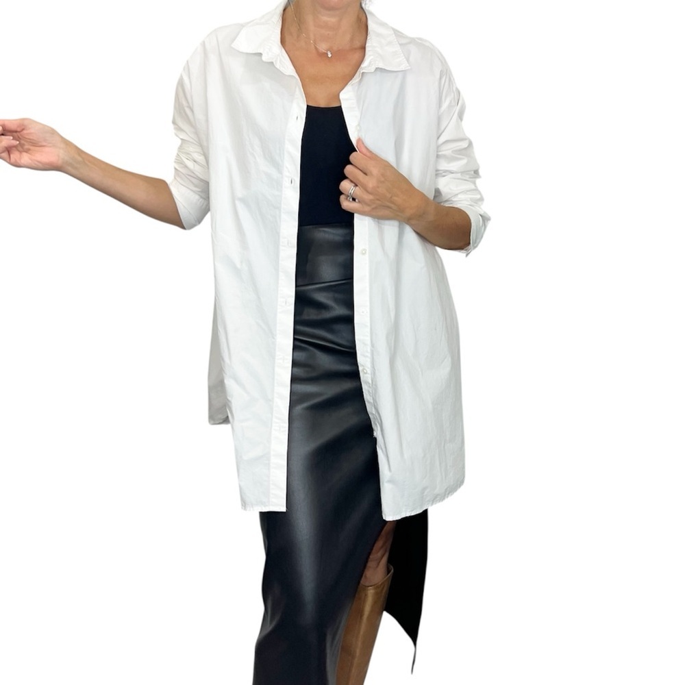 Minimalist white cotton poplin oversized long sleeve button down top blouse XL